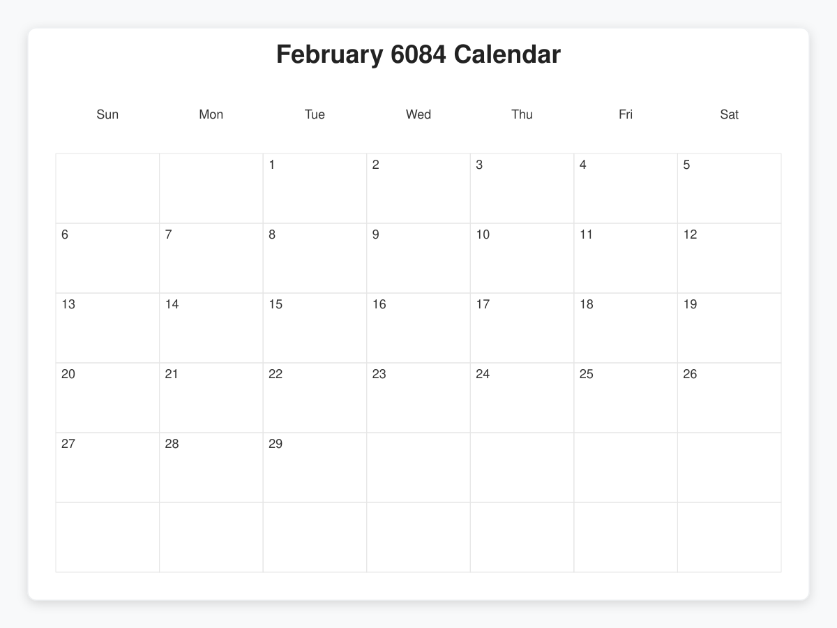 Printable February 6084 Calendars