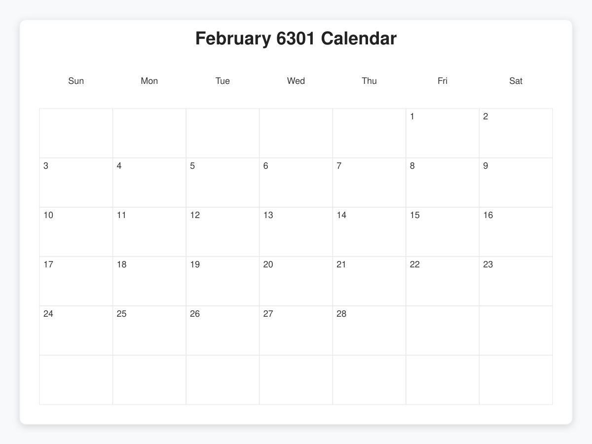 Printable February 6301 Calendars