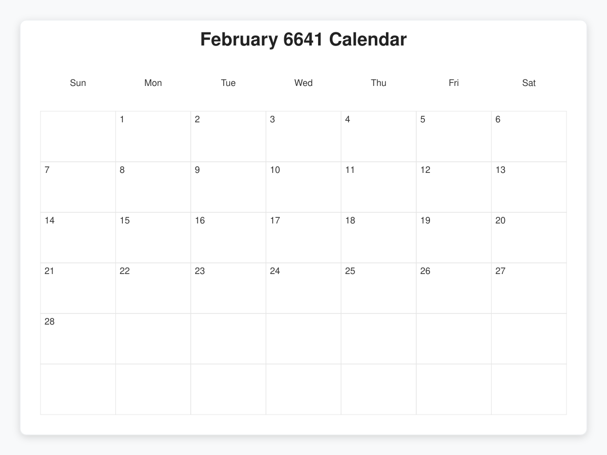 Printable February 6641 Calendars