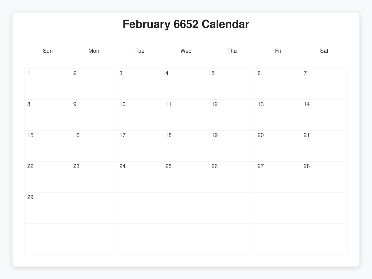 Printable February 6652 Calendars