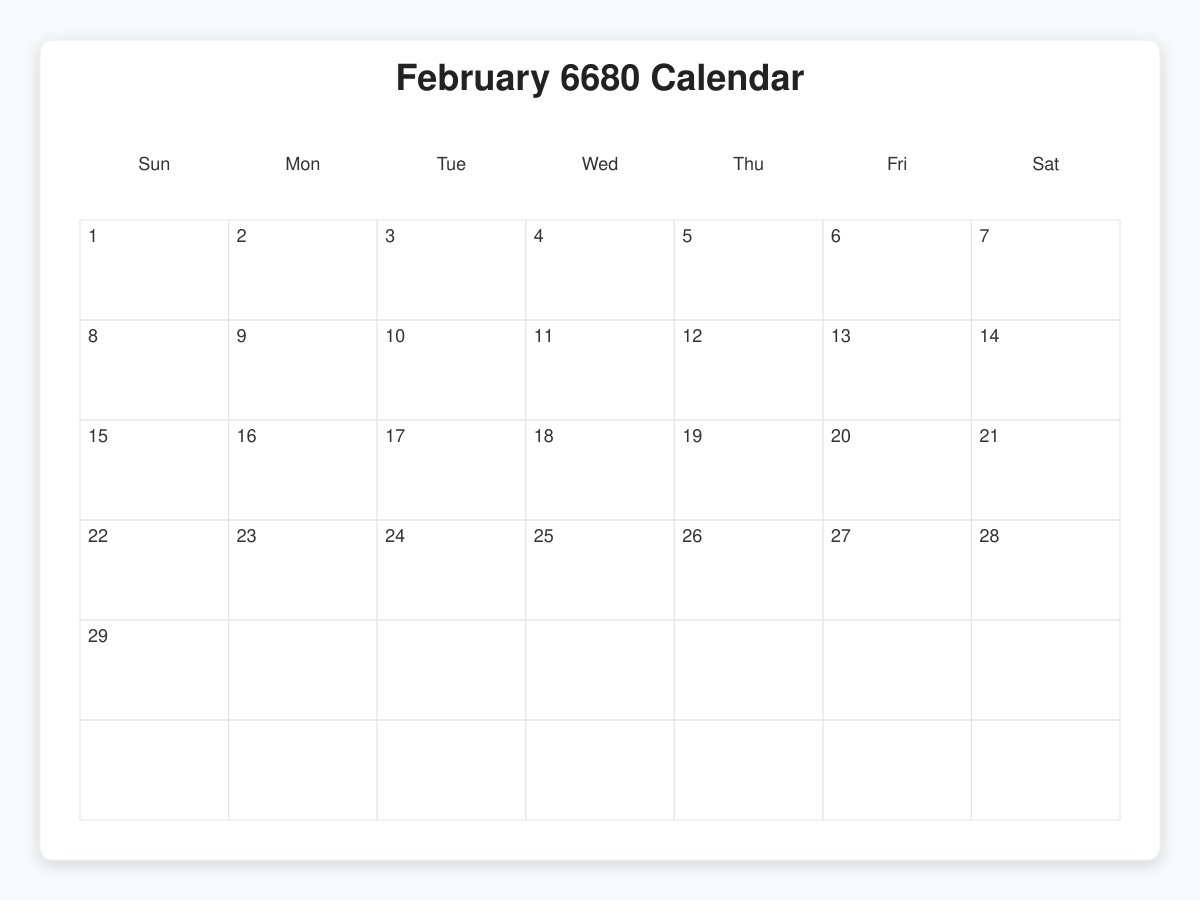 Printable February 6680 Calendars