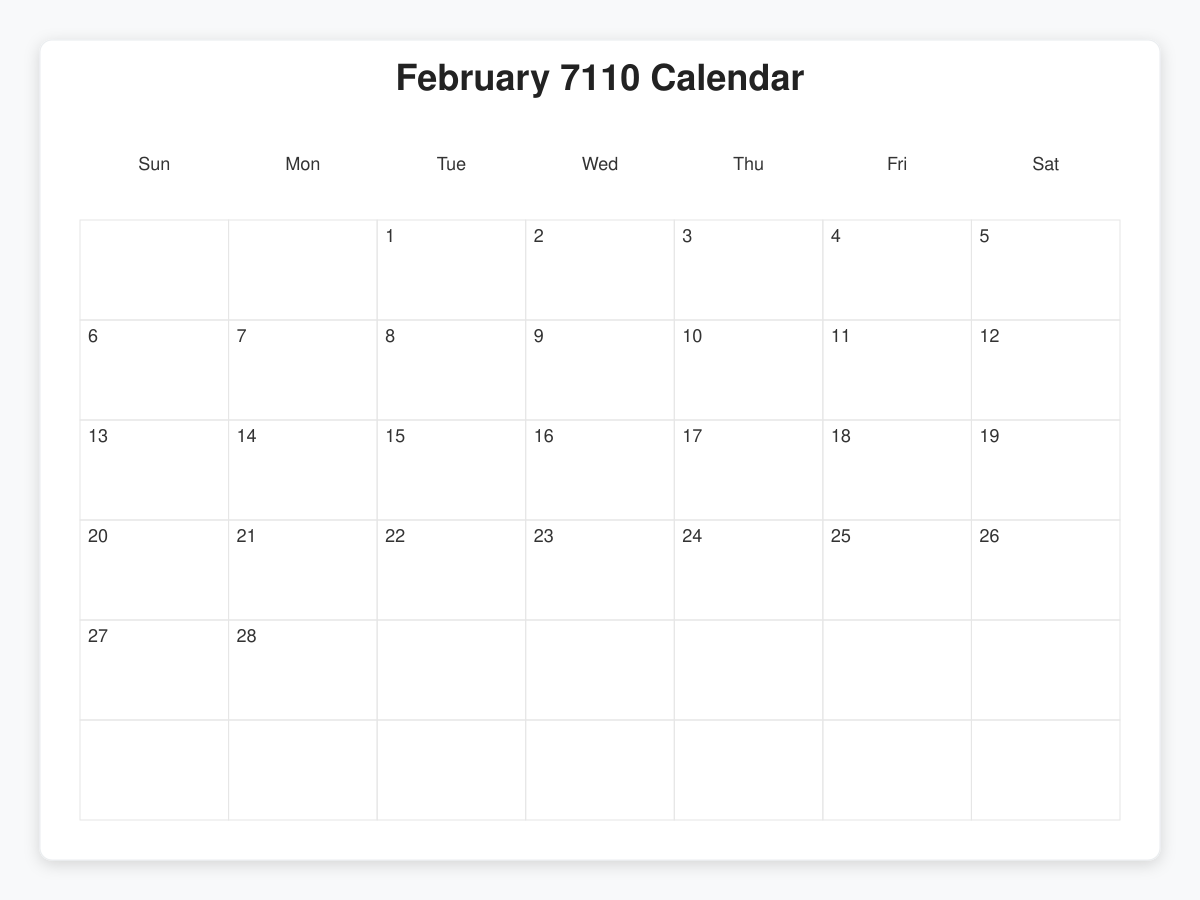 Printable February 7110 Calendars