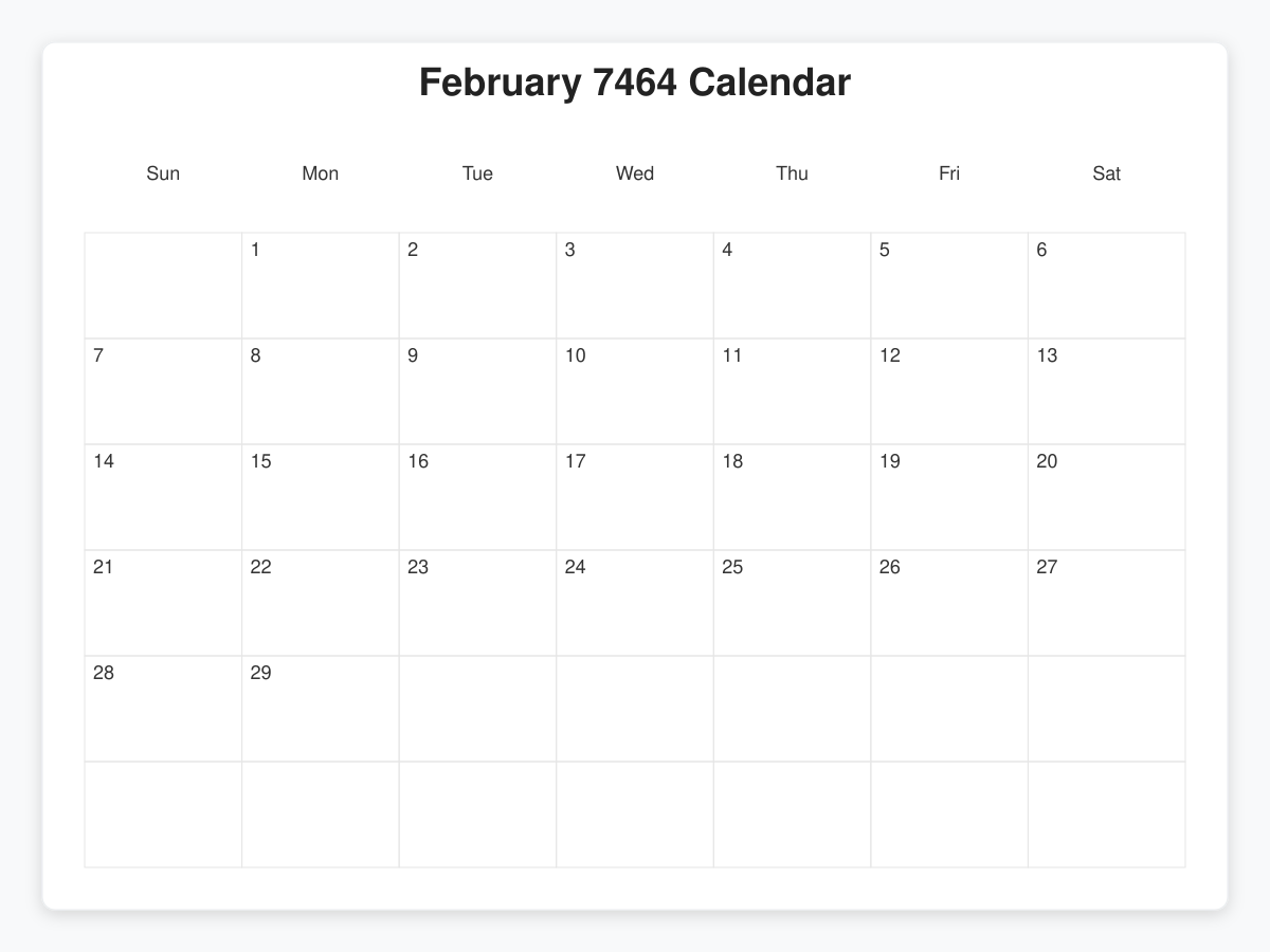 Printable February 7464 Calendars