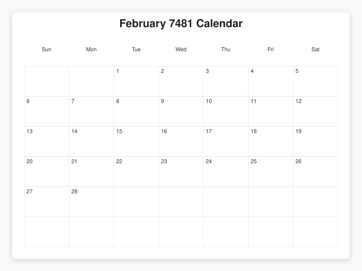 Printable February 7481 Calendars