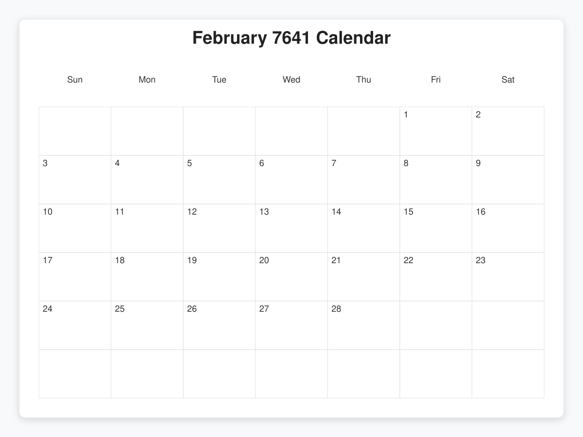 Printable February 7641 Calendars