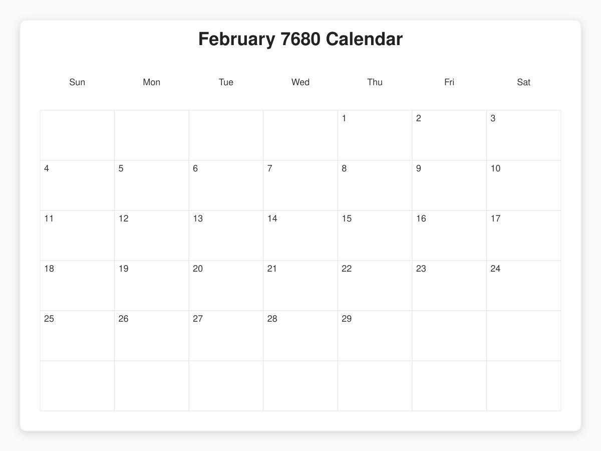 Printable February 7680 Calendars