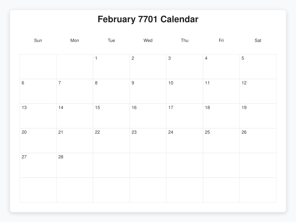 Printable February 7701 Calendars