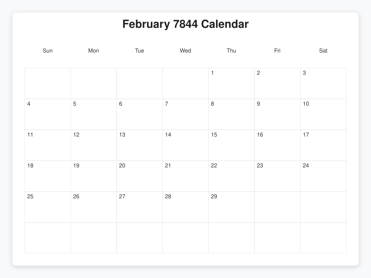 Printable February 7844 Calendars
