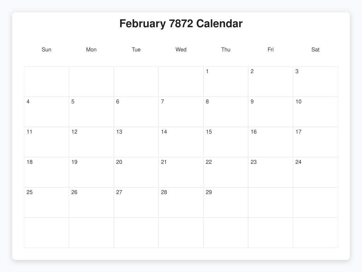 Printable February 7872 Calendars