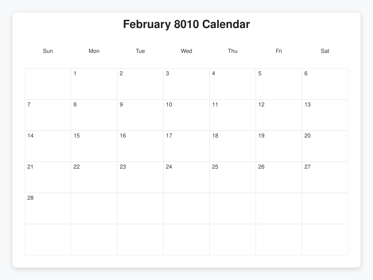 Printable February 8010 Calendars