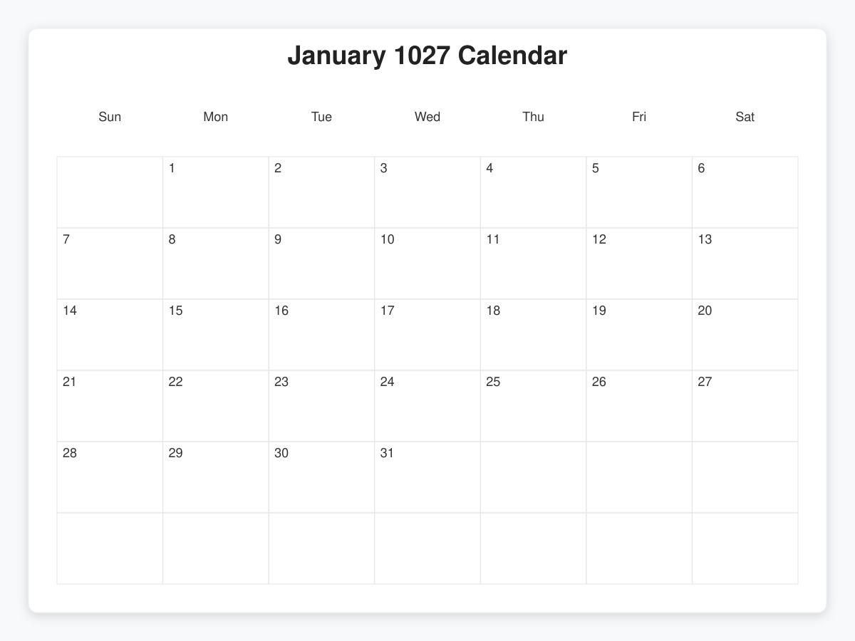 Printable January 1027 Calendars