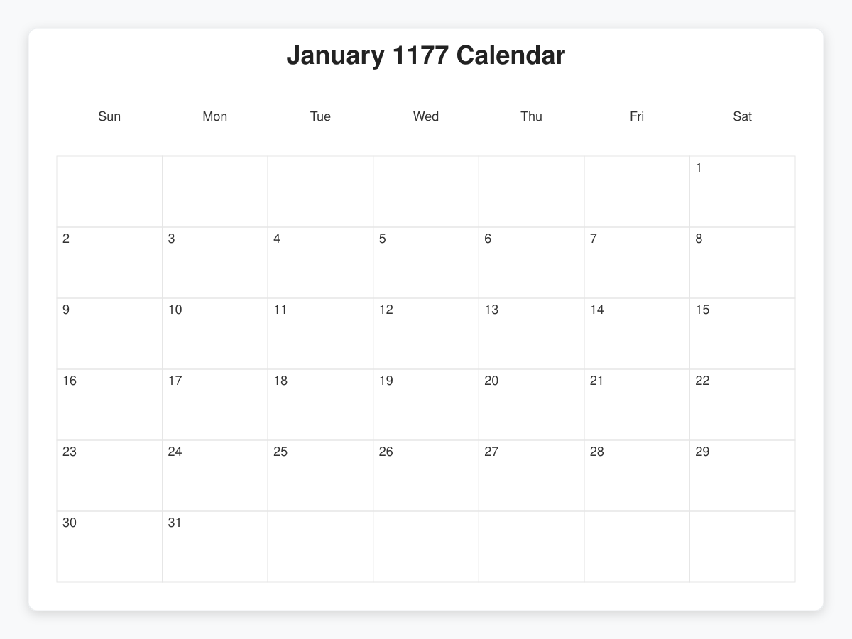Printable January 1177 Calendars