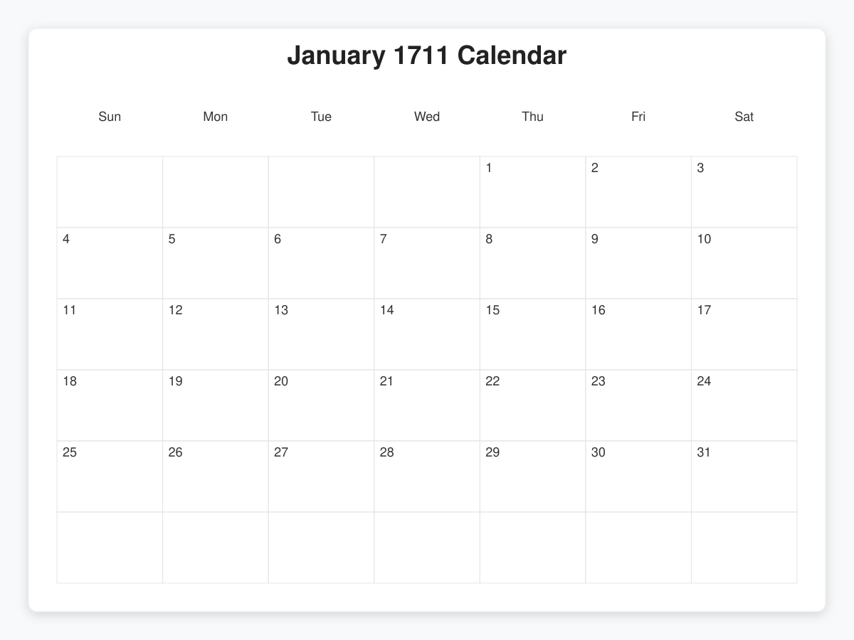 Printable January 1711 Calendars