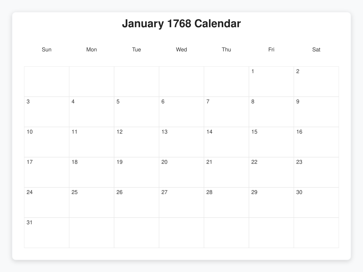 Printable January 1768 Calendars
