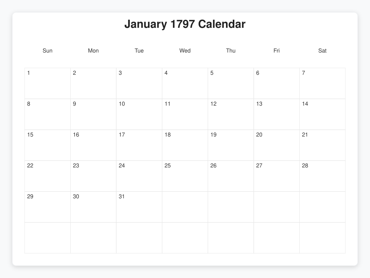 Printable January 1797 Calendars
