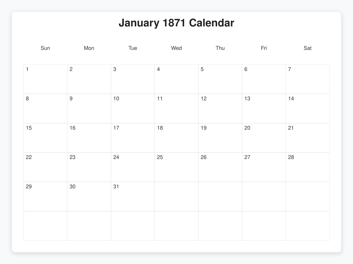 Printable January 1871 Calendars