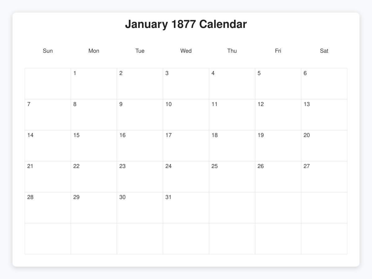 Printable January 1877 Calendars