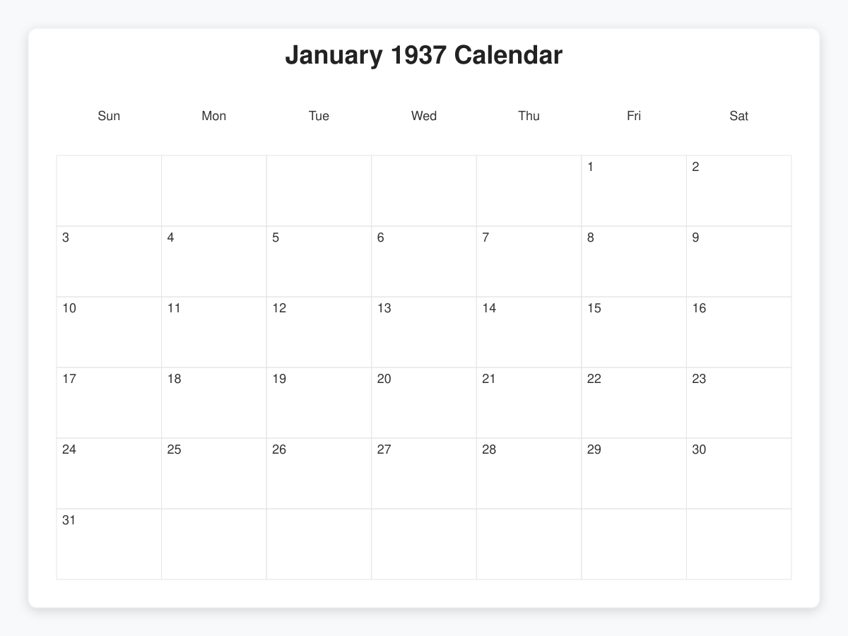 Printable January 1937 Calendars