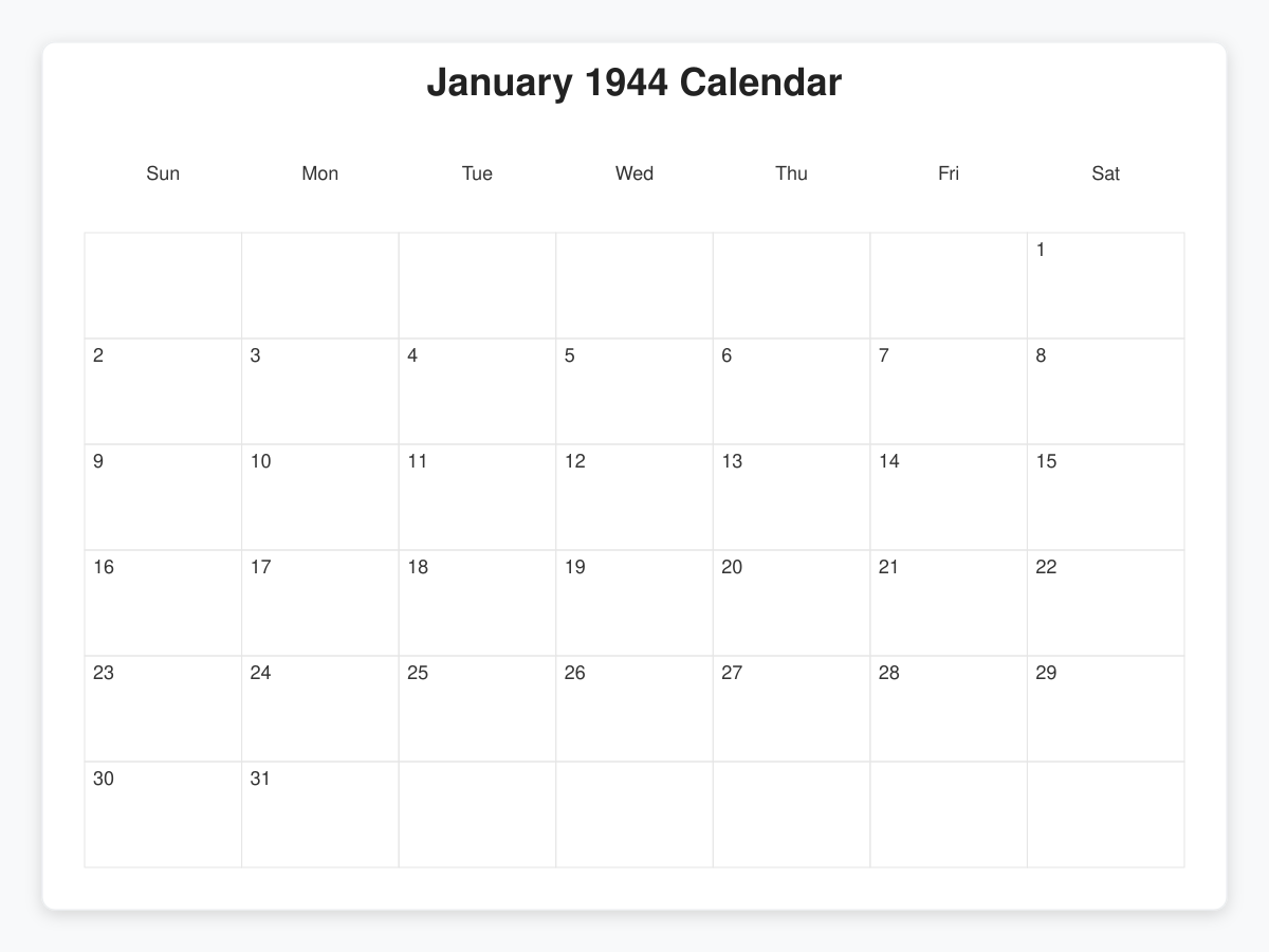 Printable January 1944 Calendars