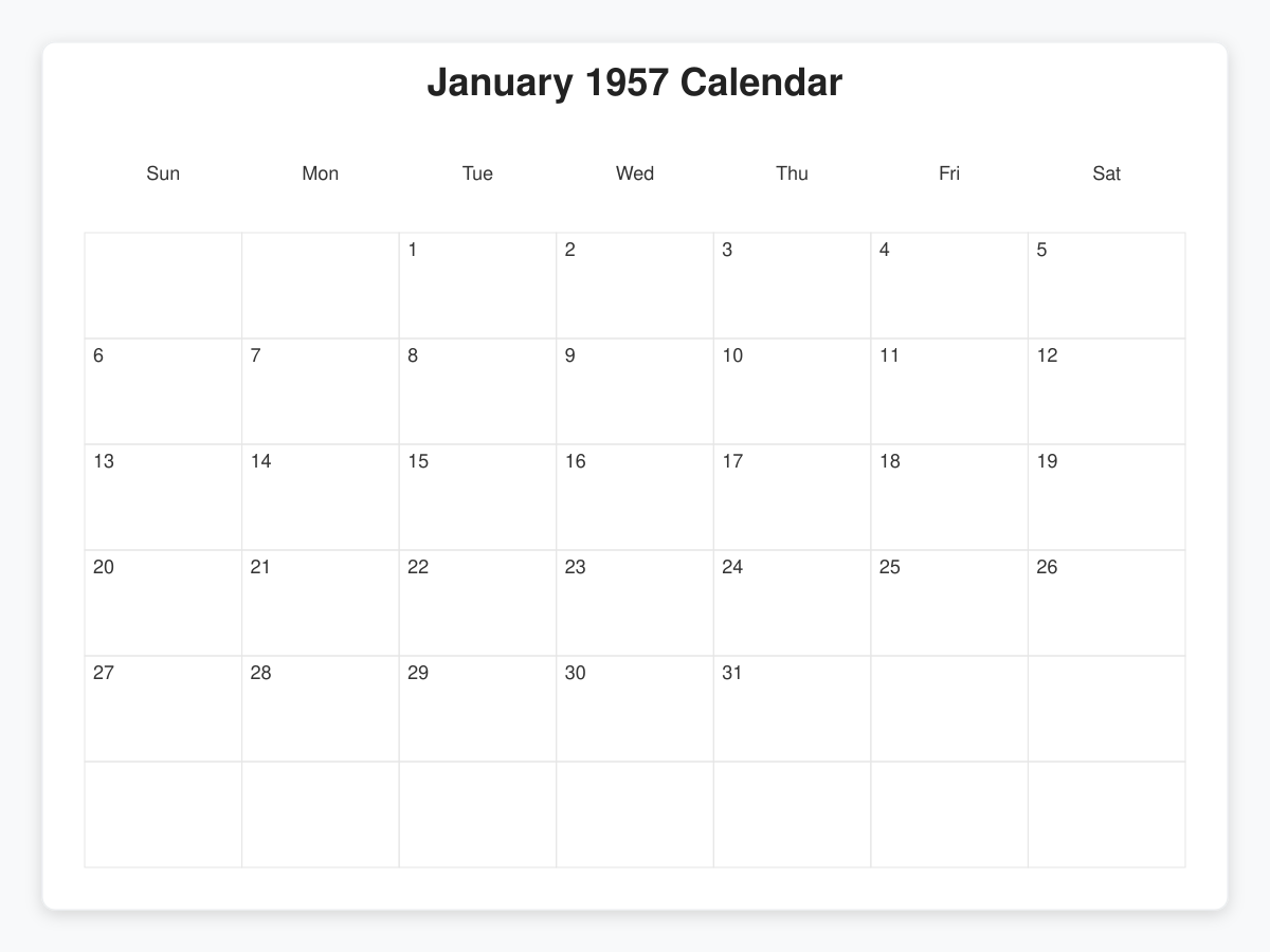 Printable January 1957 Calendars