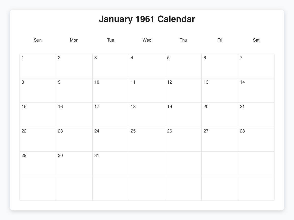 Printable January 1961 Calendars