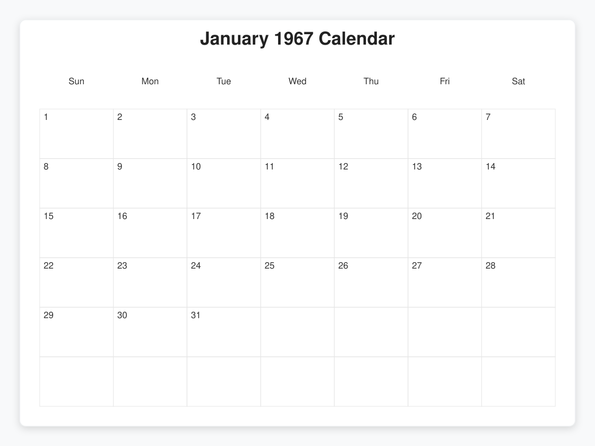 Printable January 1967 Calendars