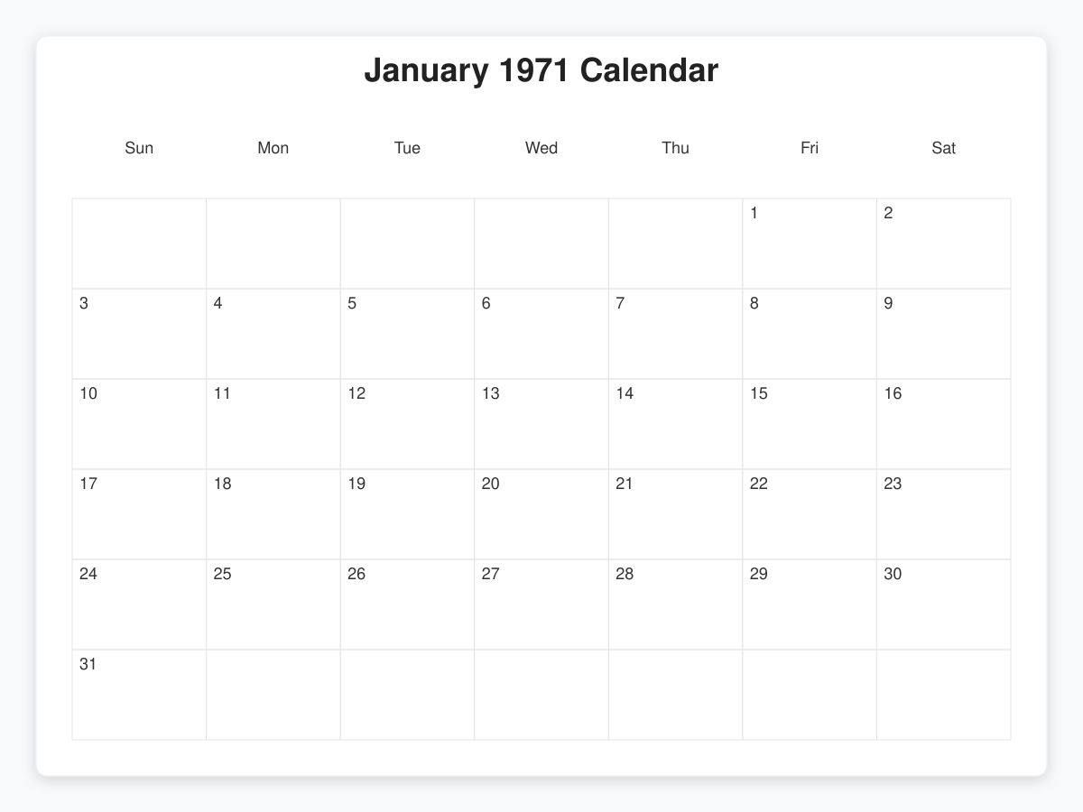 Printable January 1971 Calendars