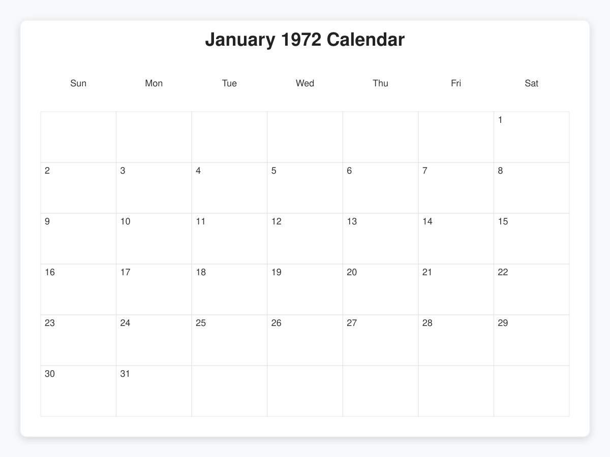 Printable January 1972 Calendars
