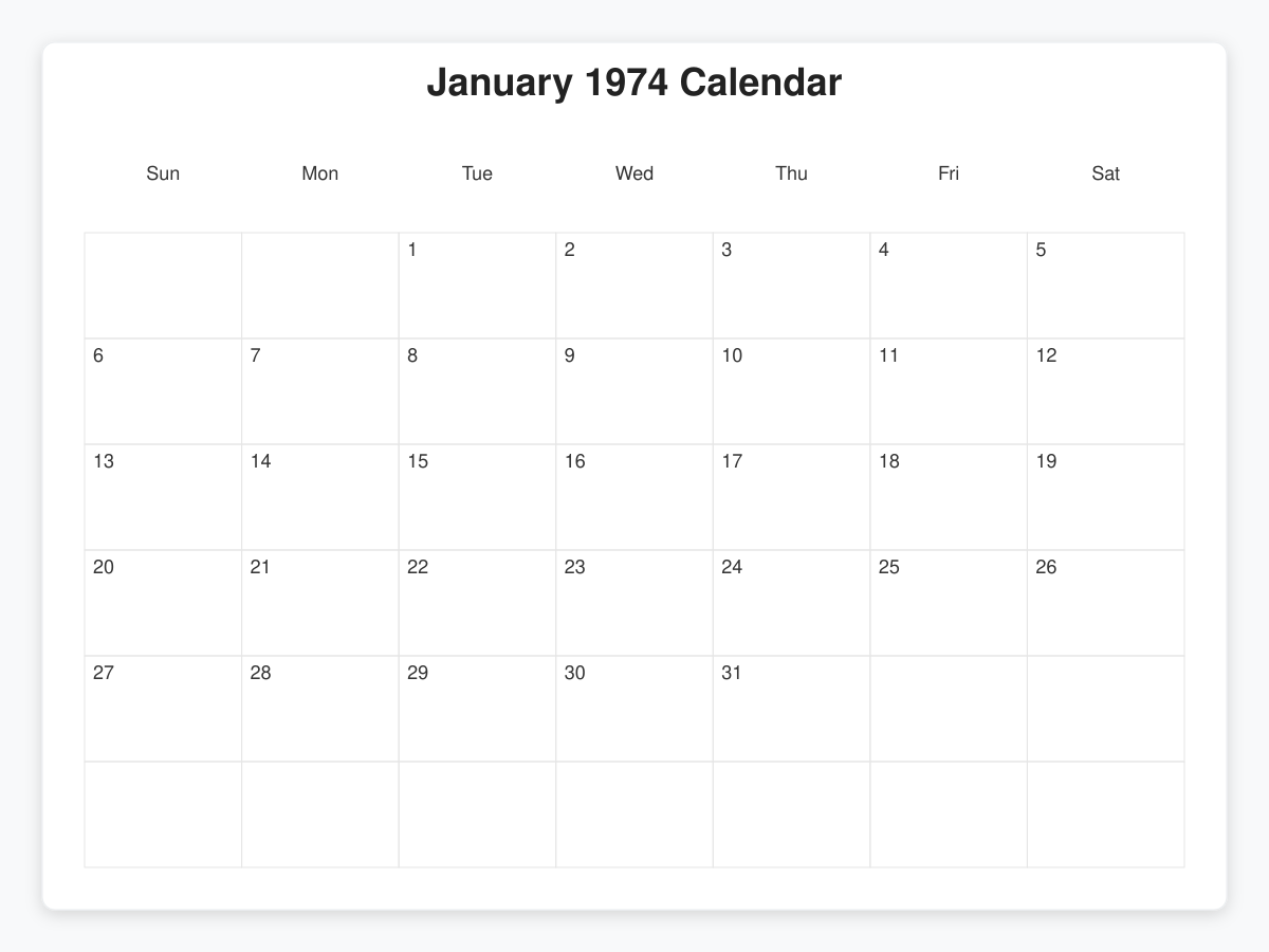 Printable January 1974 Calendars