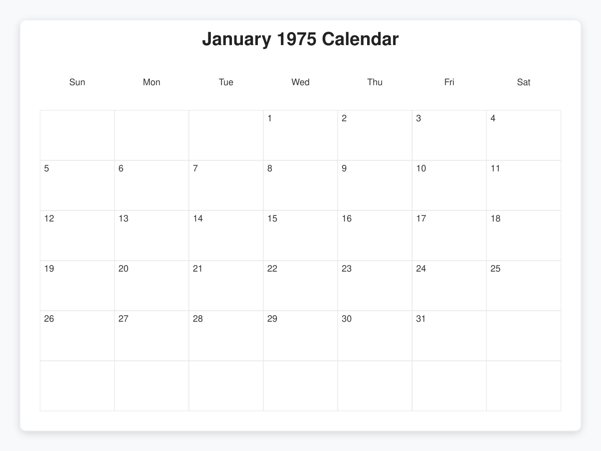 Printable January 1975 Calendars