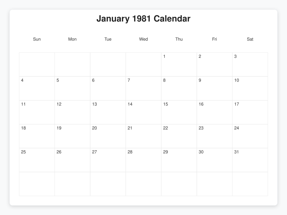 Printable January 1981 Calendars