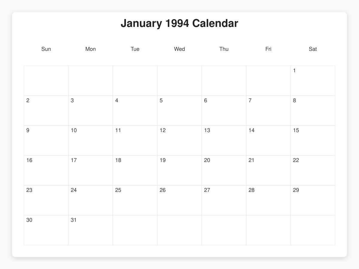 Printable January 1994 Calendars