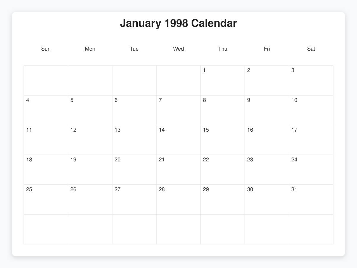 Printable January 1998 Calendars