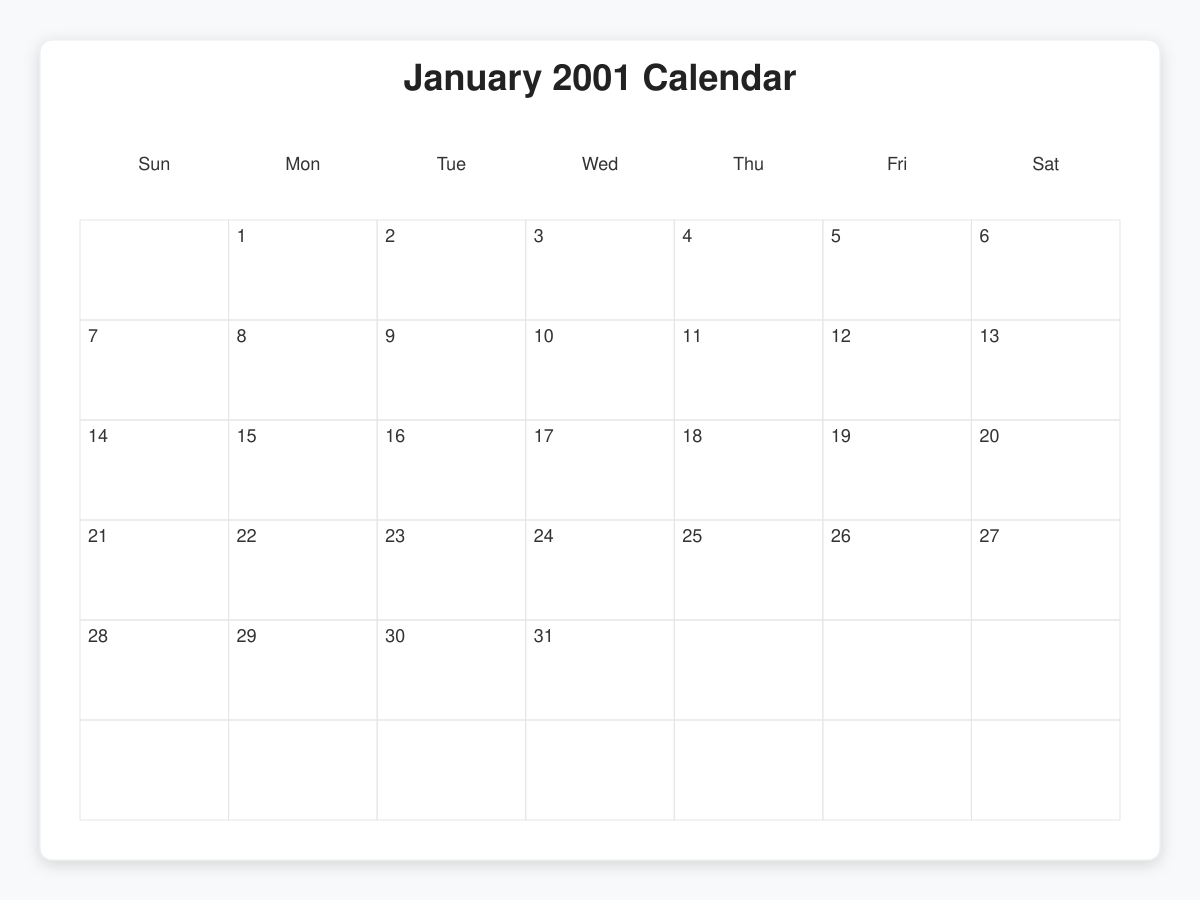 Printable January 2001 Calendars