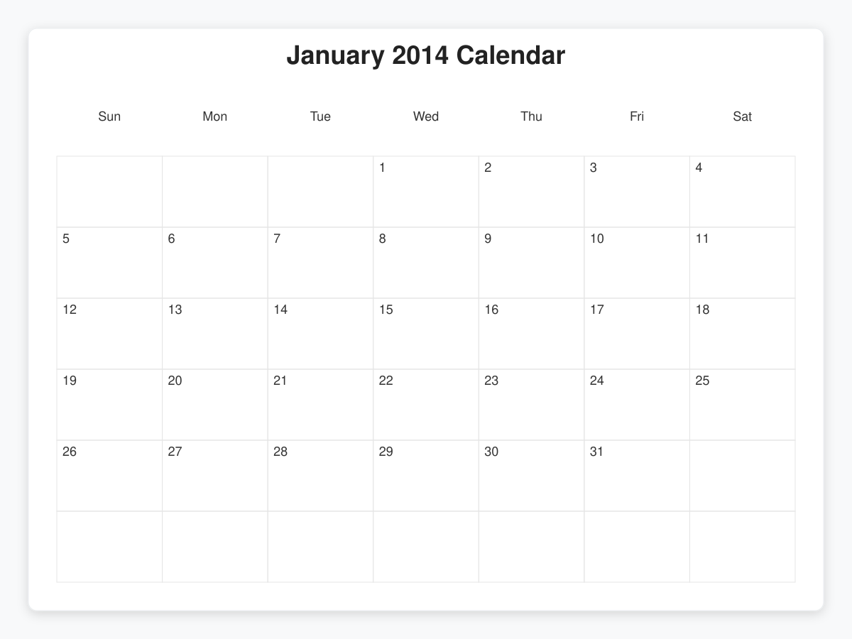 Printable January 2014 Calendars