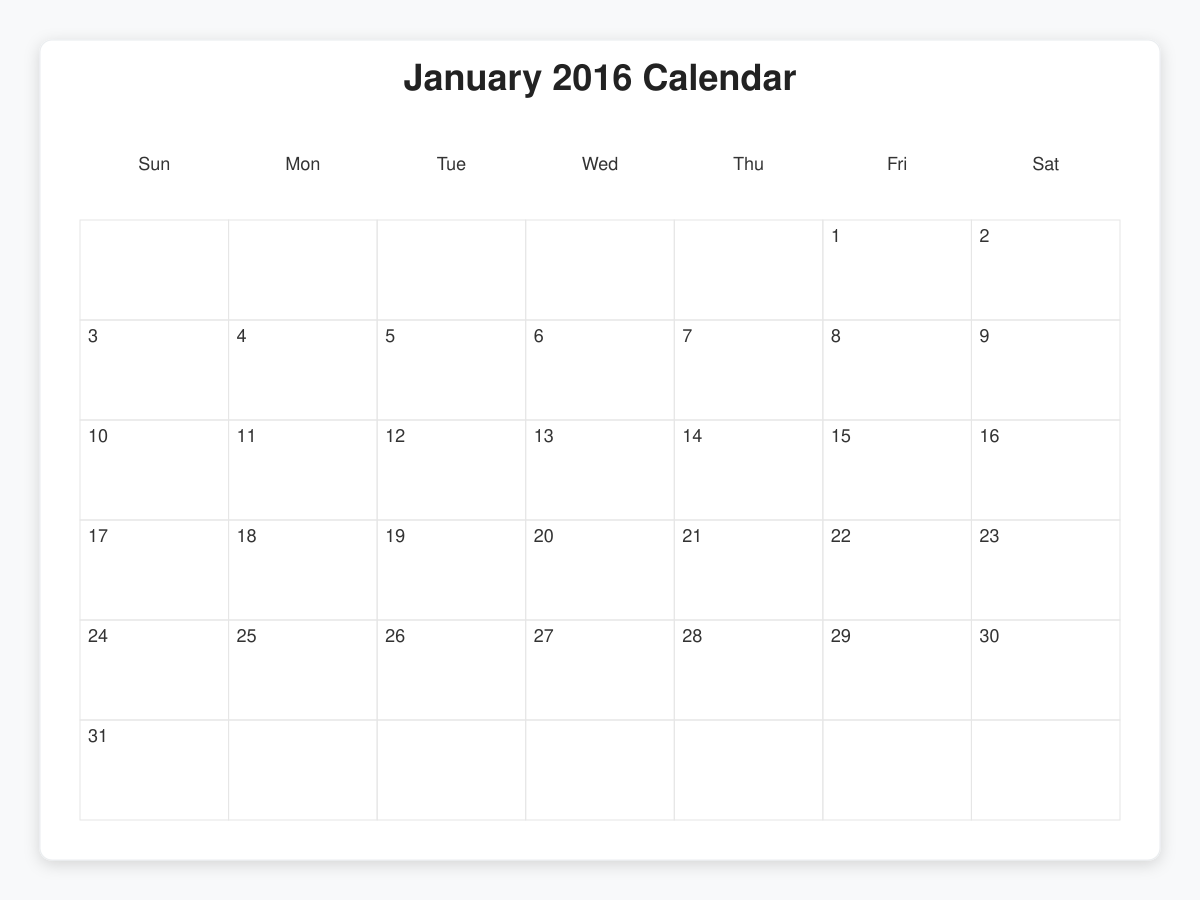 Printable January 2016 Calendars