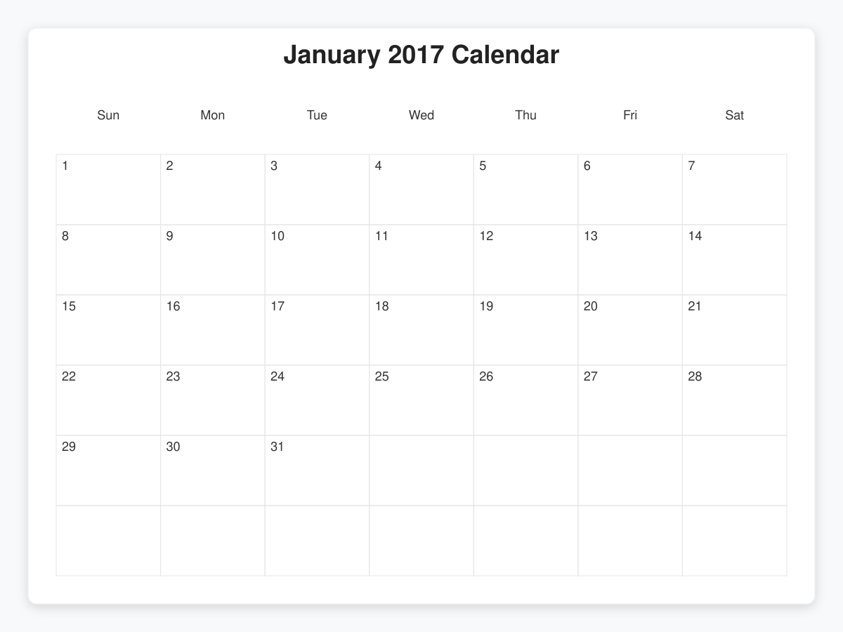 Printable January 2017 Calendars