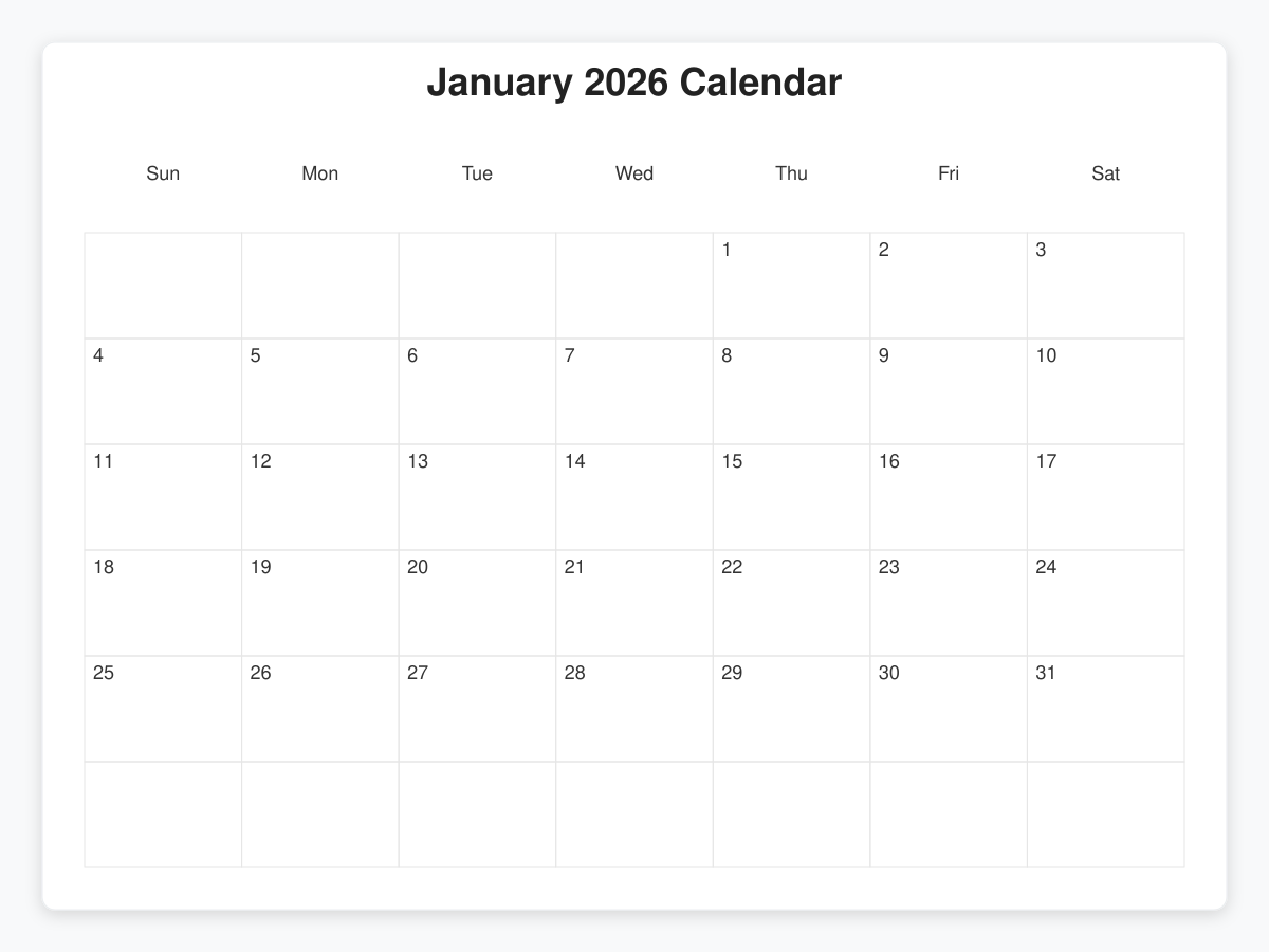 Printable January 2026 Calendars