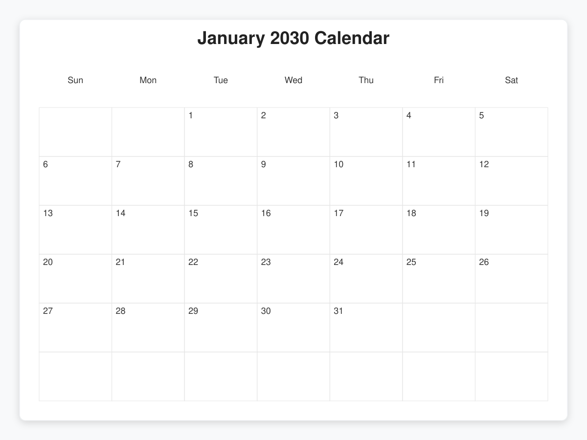 Printable January 2030 Calendars