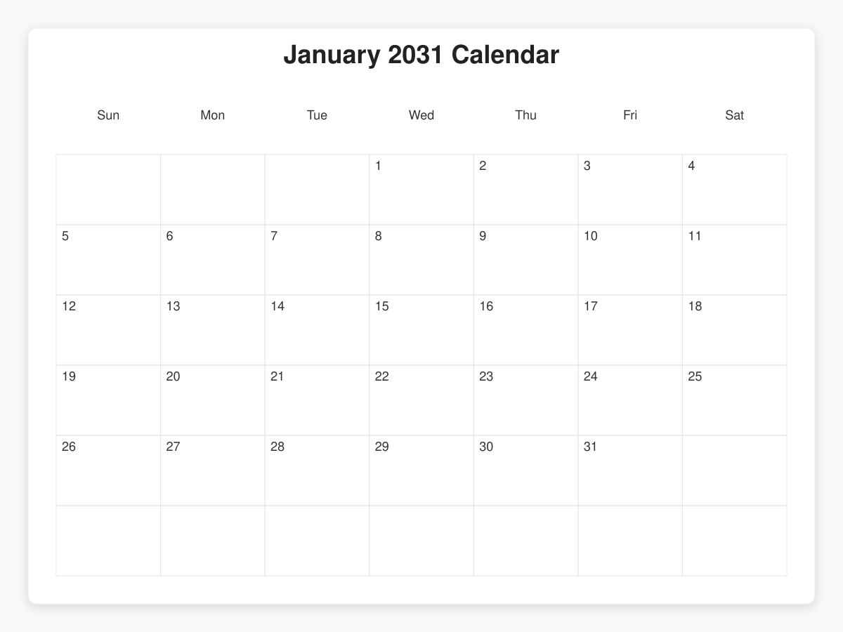 Printable January 2031 Calendars