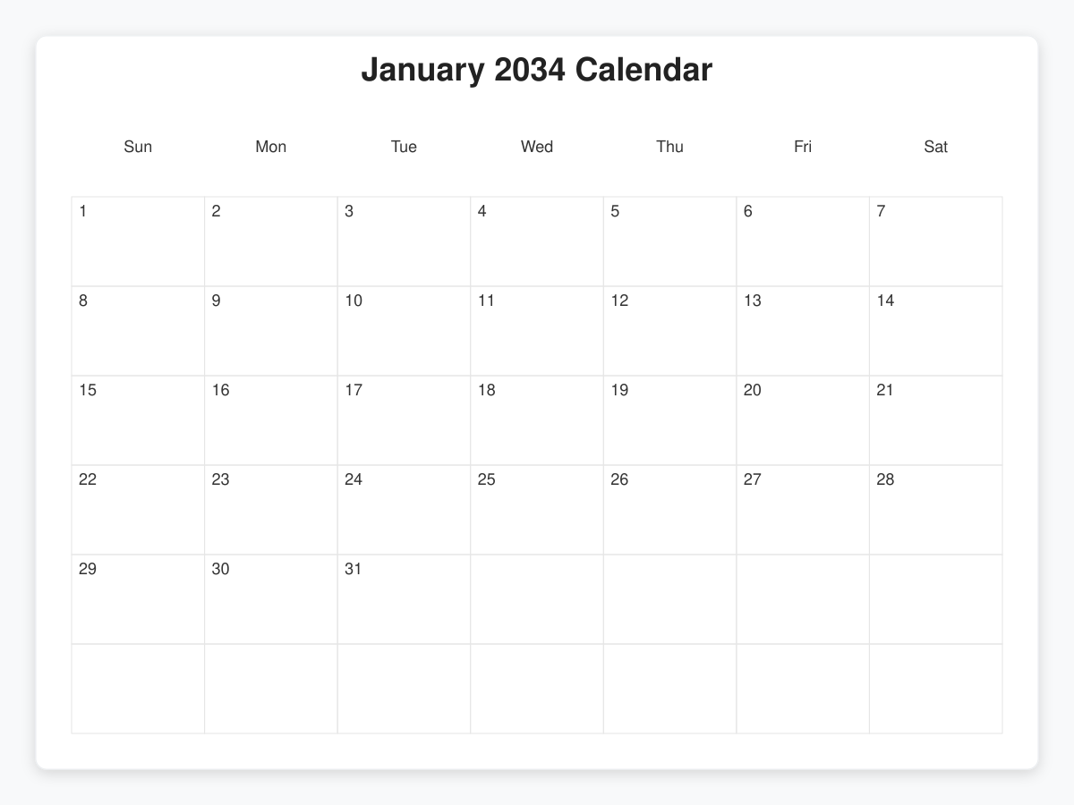Printable January 2034 Calendars