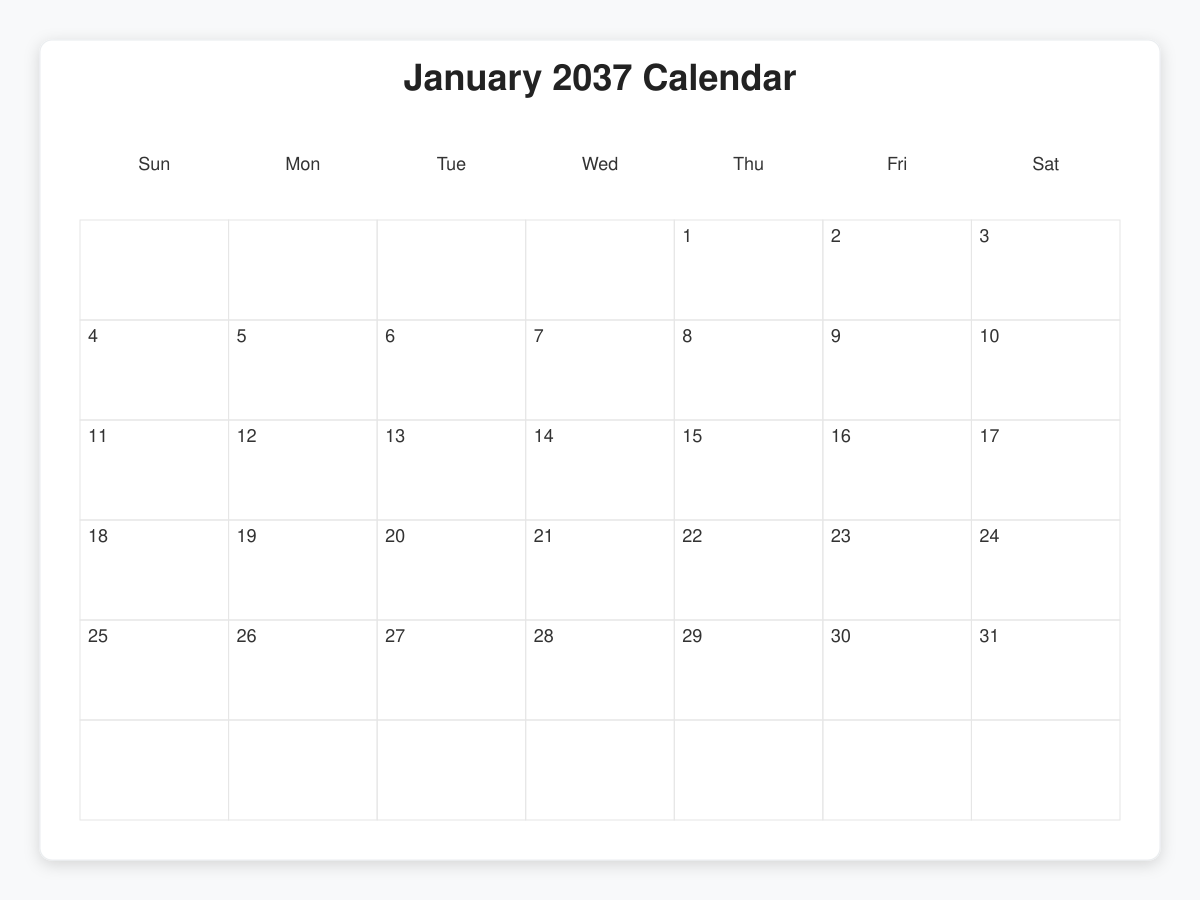 Printable January 2037 Calendars