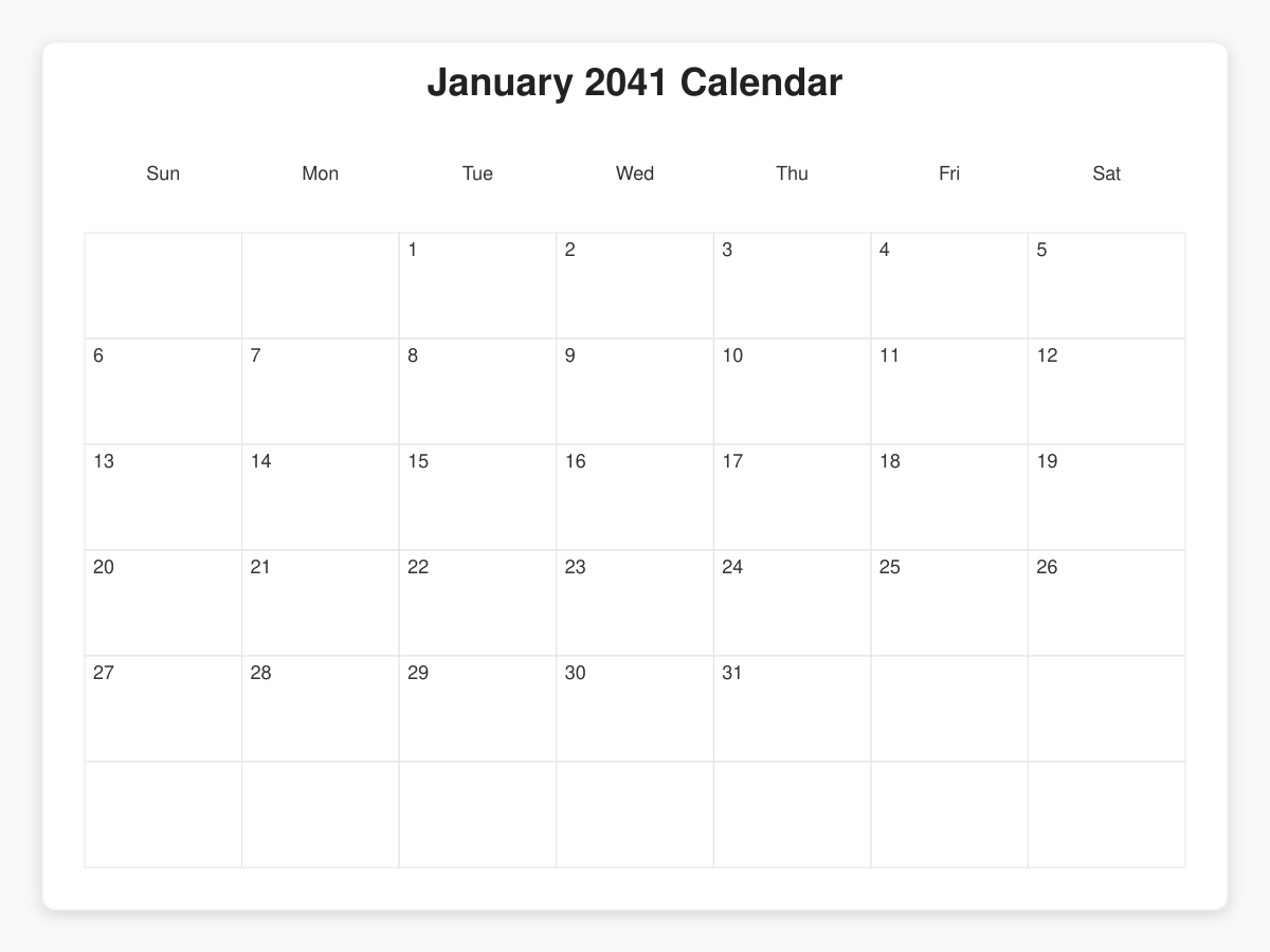 Printable January 2041 Calendars