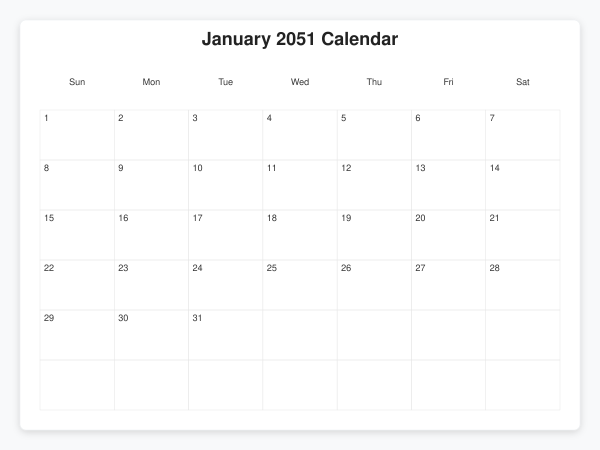 Printable January 2051 Calendars