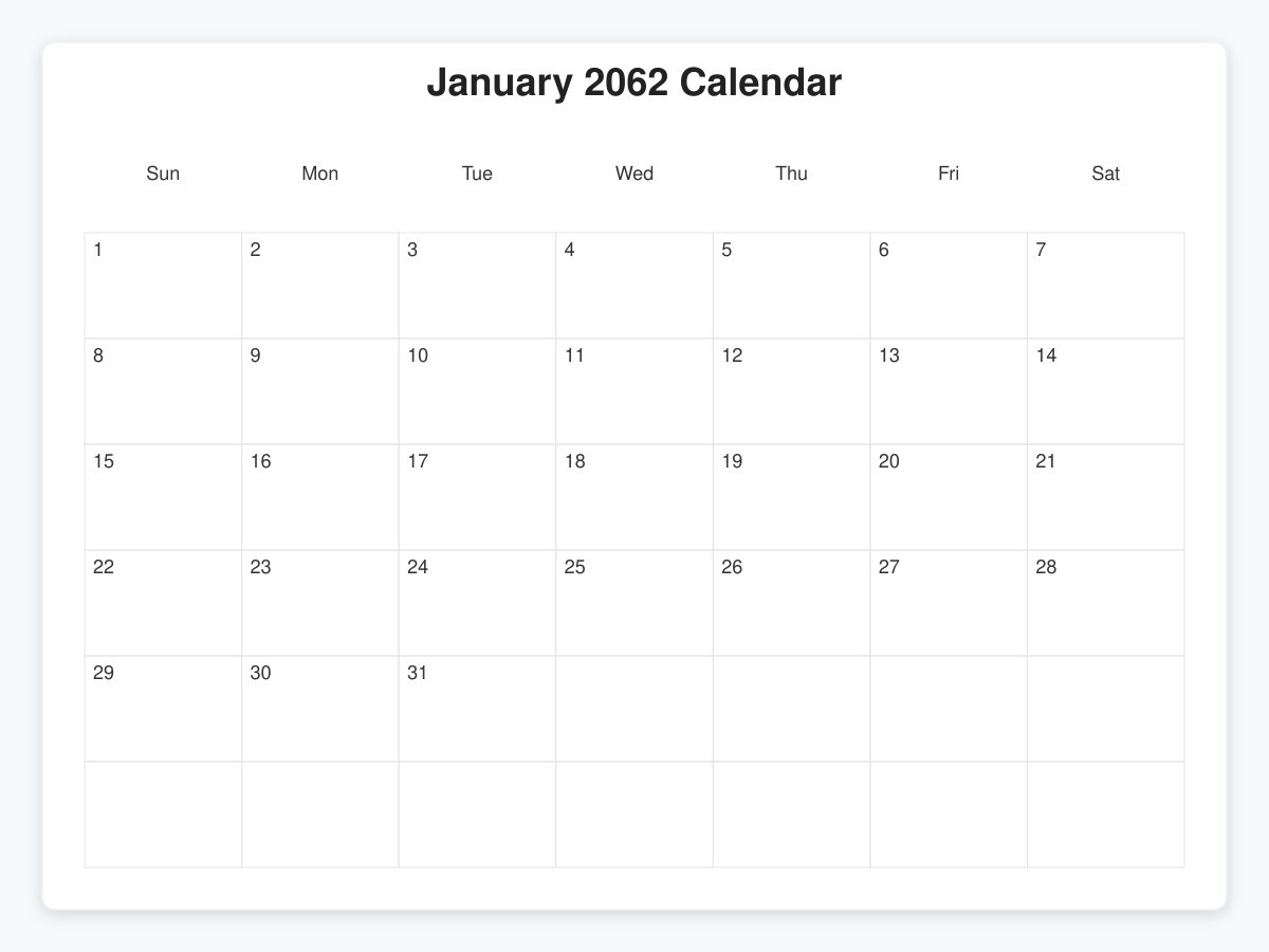 Printable January 2062 Calendars