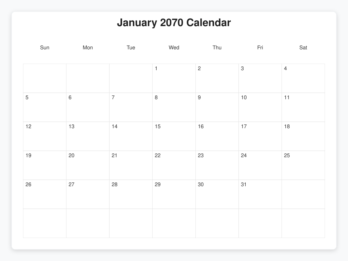 Printable January 2070 Calendars