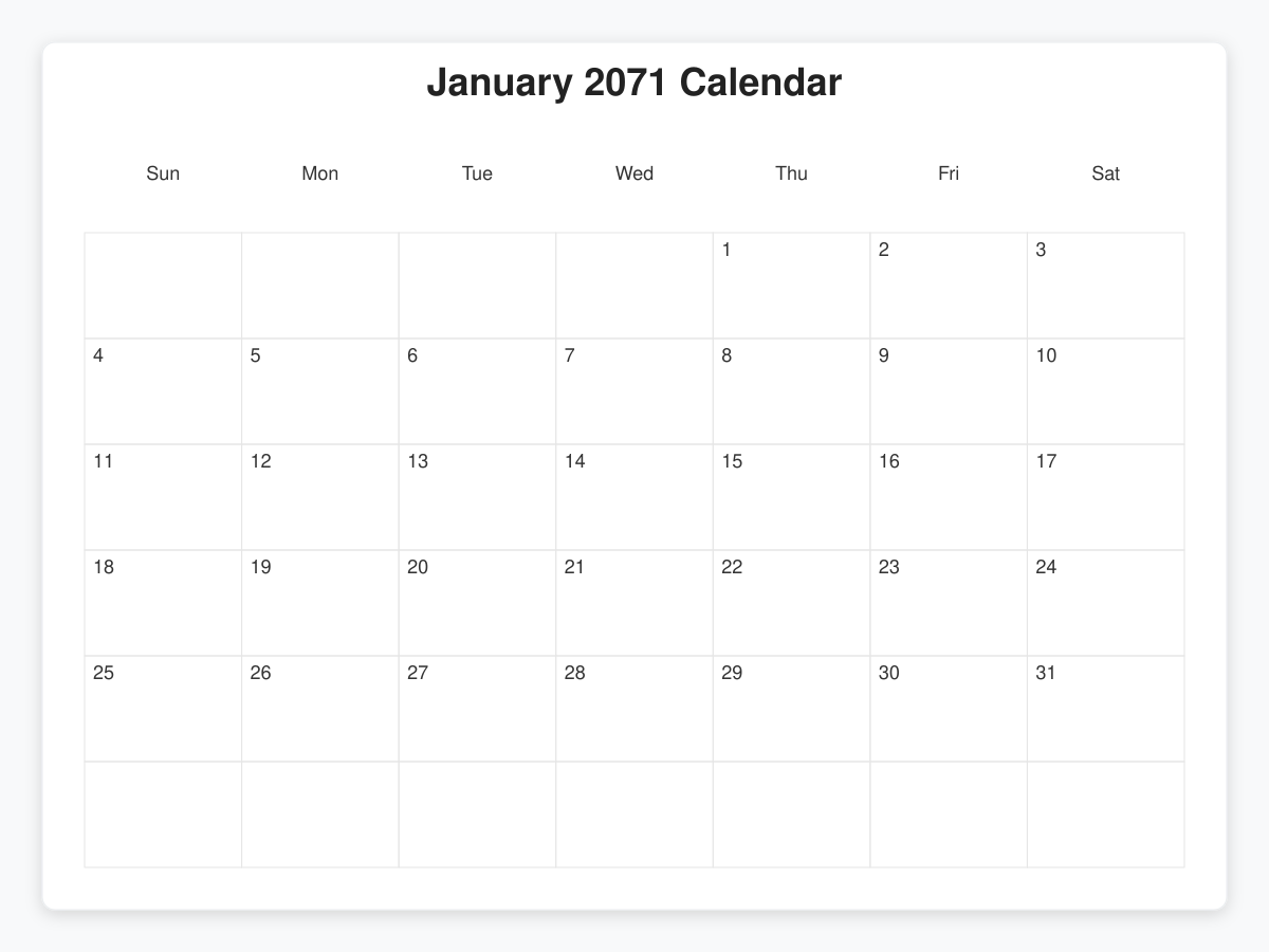 Printable January 2071 Calendars