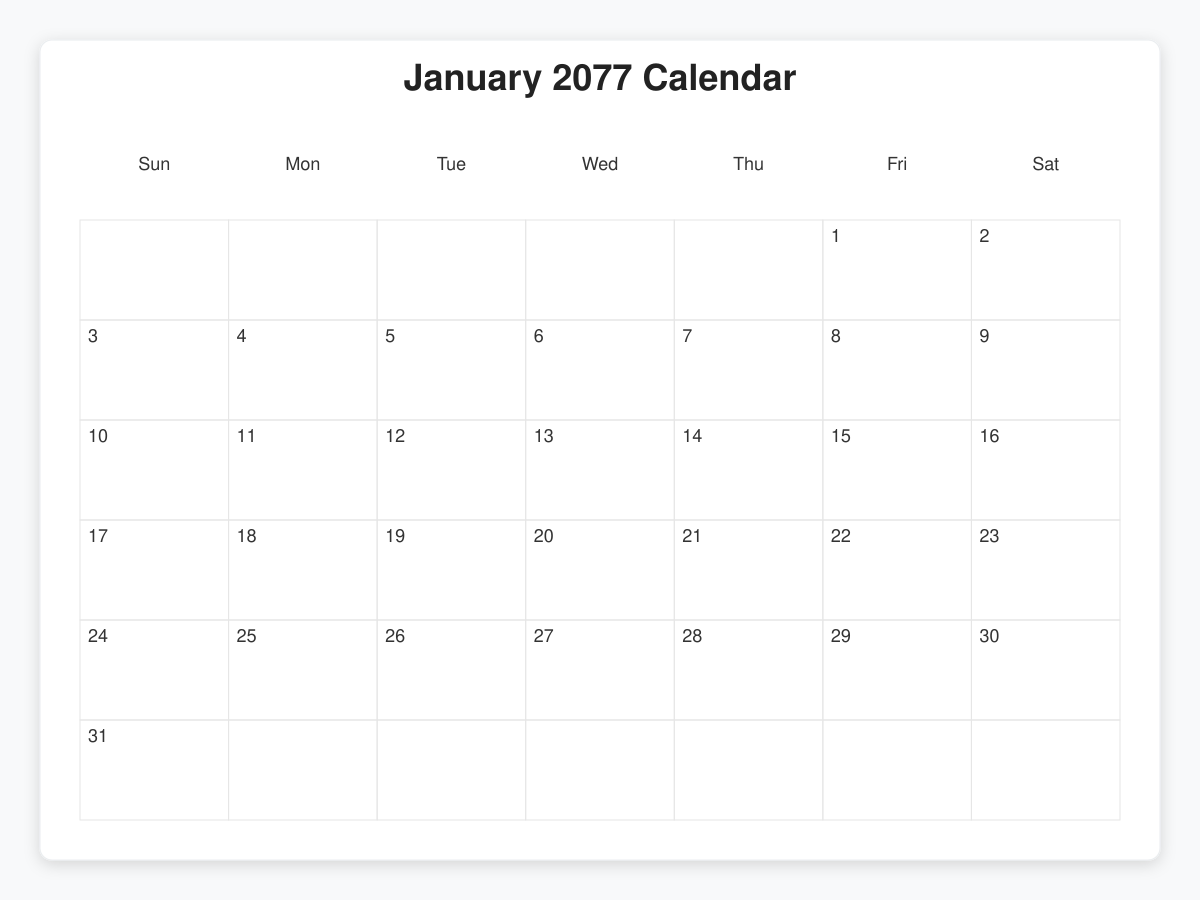 Printable January 2077 Calendars