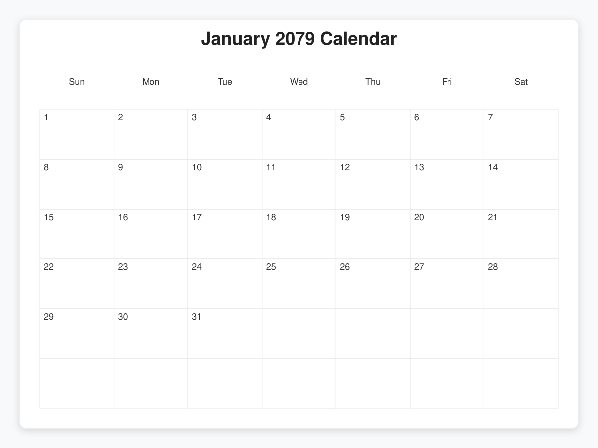 Printable January 2079 Calendars
