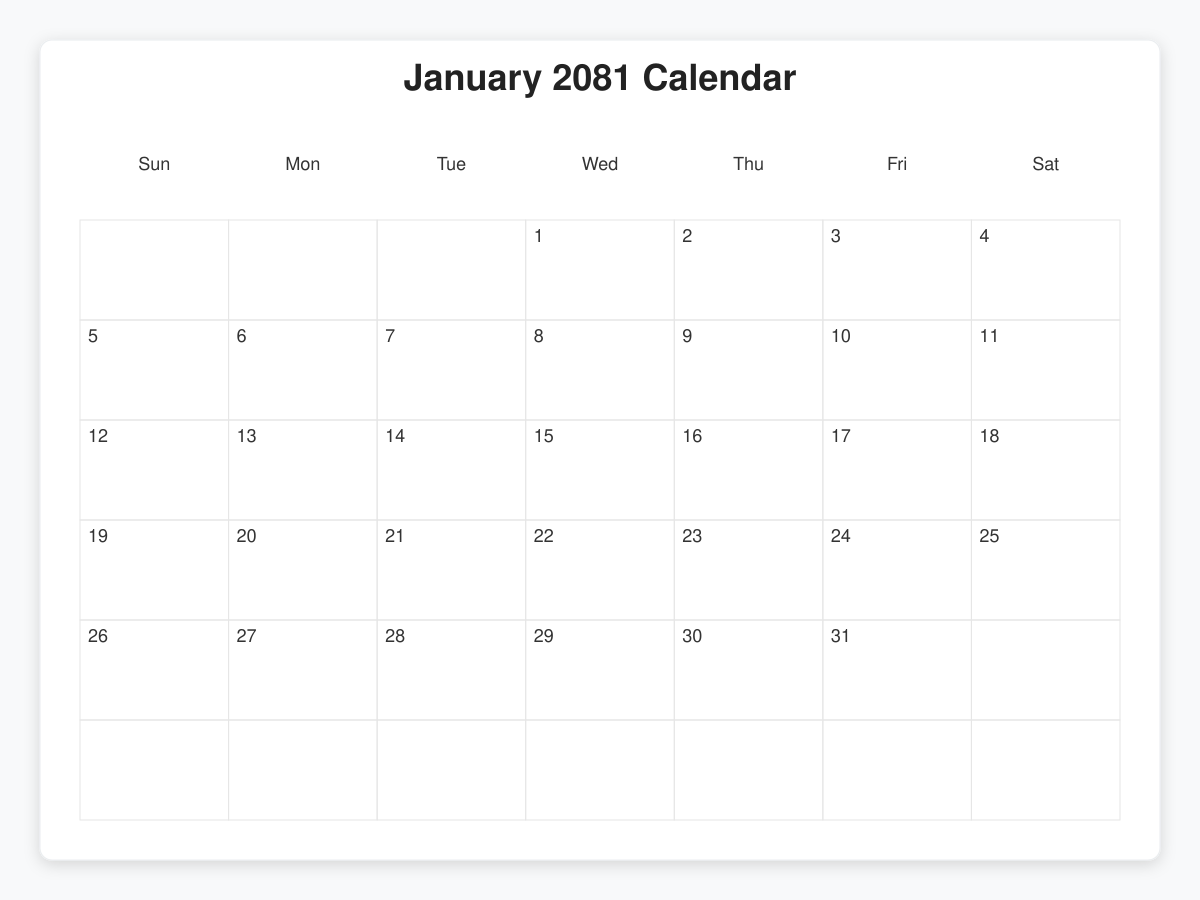 Printable January 2081 Calendars